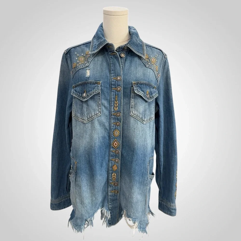 Free People Embellished Denim Shacket Oversized Western Boho Distressed Jacket - Picture 4 of 8